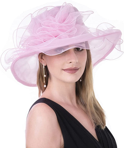 Lucky Leaf Women Kentucky Derby Church Cap Wide Brim Summer Sun Hat for Party Wedding Apparel & Accessories > Clothing Accessories > Headwear Lucky Leaf Nf-pink  
