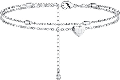 Moodear Silver Ankle Bracelets for Women, Sterling Silver Initial Anklet Layered Dainty Tiny Heart Charm Handmade Carved Alphabet A-Z Letter Ankle Bracelet Beaded Foot Chain Personalized Name Anklets Summer Cute Boho Beach Gift for Her Apparel & Accessories > Jewelry > Anklets Moodear Sterling Silver-U  