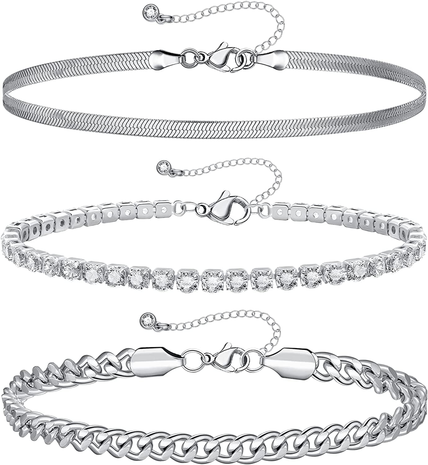 Kissyan Gold Layered Ankle Bracelets for Women, Dainty 14K Gold Plated Layering Anklets Set Adjustable Fashion Cuban Link Snake Tennis Chain Ankles Summer Beach Foot Jewelry Gifts for Women Girls Apparel & Accessories > Jewelry > Anklets KissYan D-Silver  