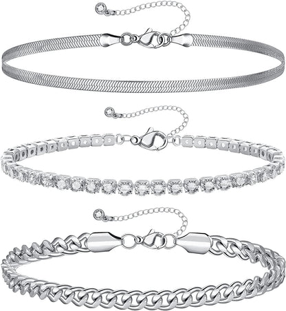 Kissyan Gold Layered Ankle Bracelets for Women, Dainty 14K Gold Plated Layering Anklets Set Adjustable Fashion Cuban Link Snake Tennis Chain Ankles Summer Beach Foot Jewelry Gifts for Women Girls Apparel & Accessories > Jewelry > Anklets KissYan D-Silver  