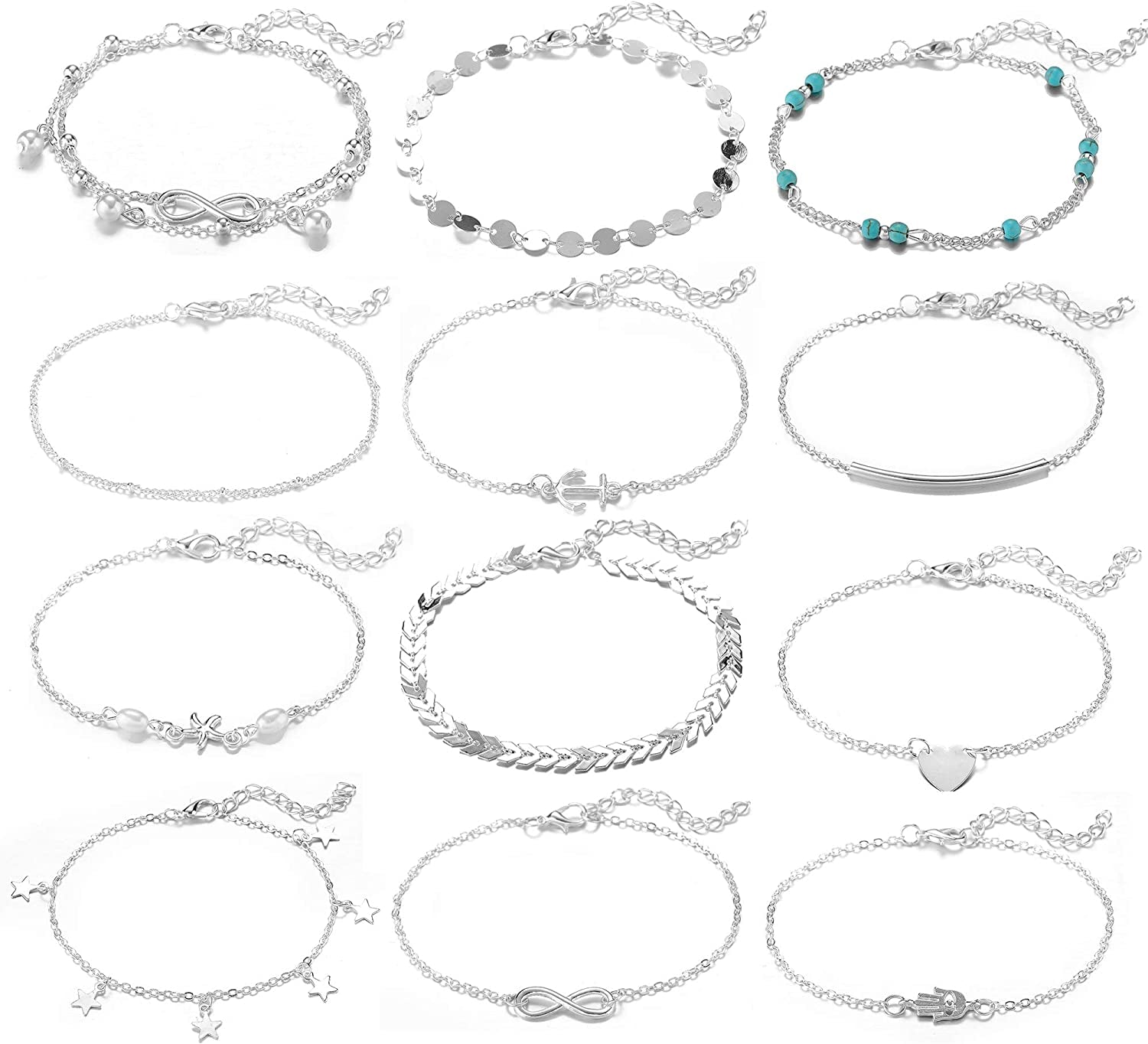 Softones 12Pcs Ankle Bracelets for Women Girls Gold Silver Two Style Chain Beach Anklet Bracelet Jewelry Anklet Set,Adjustable Size Apparel & Accessories > Jewelry > Anklets Softones A:Silver  