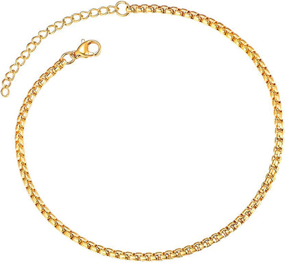 Chainspro Resizable Anklet Chain for Women Men, Figaro/Wheat/Twist Rope/Cuban Foot Bracelet-Strong with Good Clasp-18K Gold Plated(Send Gift Box) Apparel & Accessories > Jewelry > Anklets ChainsPro 08:box chain-Gold Plated  