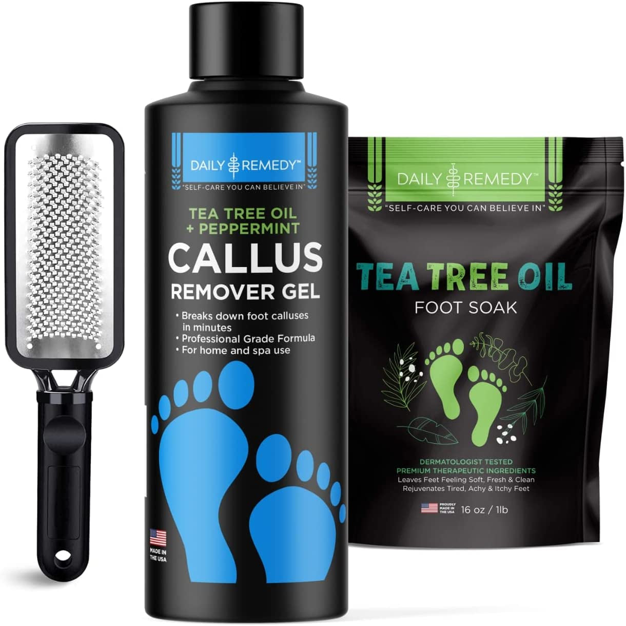 Daily Remedy Citrus Detox Callus Remover Gel & Pumice Stone for Feet - Extra Strength Professional Scrubber, Remove Tough Calluses, Dead Skin, Dry Cracked Heels - Home Pedicure Products for Feet Health & Beauty > Personal Care > Foot Care DAILY REMEDY Gel + File + Soak Tea Tree Oil 