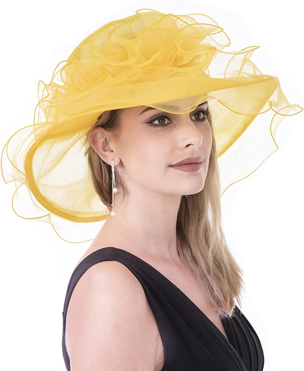 Lucky Leaf Women Kentucky Derby Church Cap Wide Brim Summer Sun Hat for Party Wedding Apparel & Accessories > Clothing Accessories > Headwear Lucky Leaf Nf-yellow  