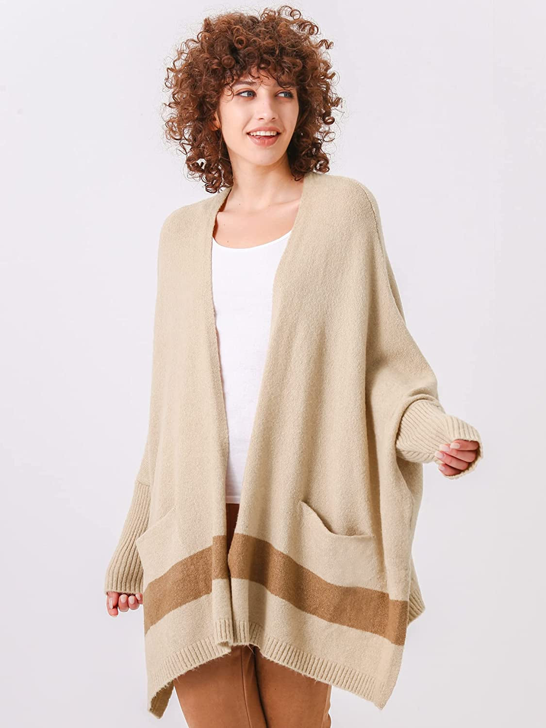 Moss Rose Women'S Open Front Cardigans Striped Batwing Sleeves Oversized Knit Pockets Sweater Coat Apparel & Accessories > Clothing Accessories > Scarves & Shawls KYLIE MAX   