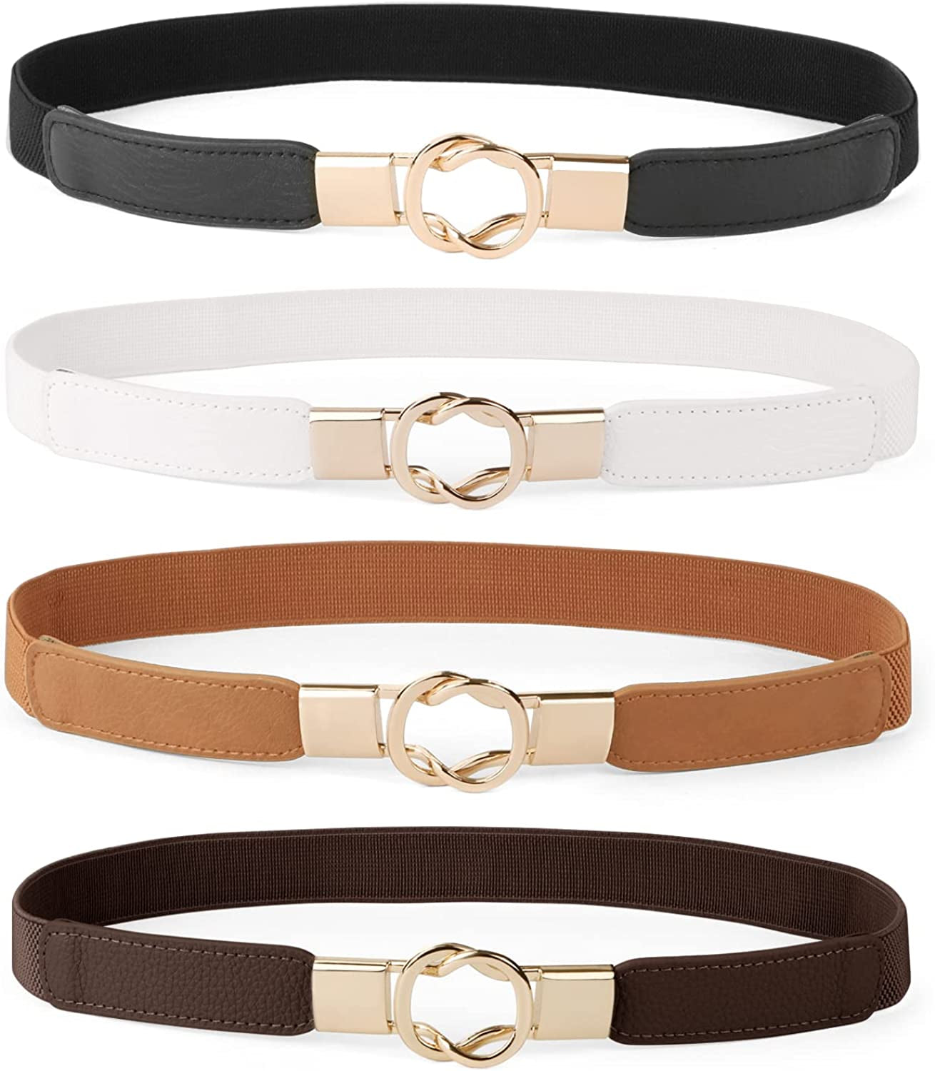 Women Skinny Belt for Dresses Retro Stretch Ladies Waist Belt plus Size Set of 4 Apparel & Accessories > Clothing Accessories > Belts WERFORU L-black+brown+white+coffee Fits Waist 30"-42" 