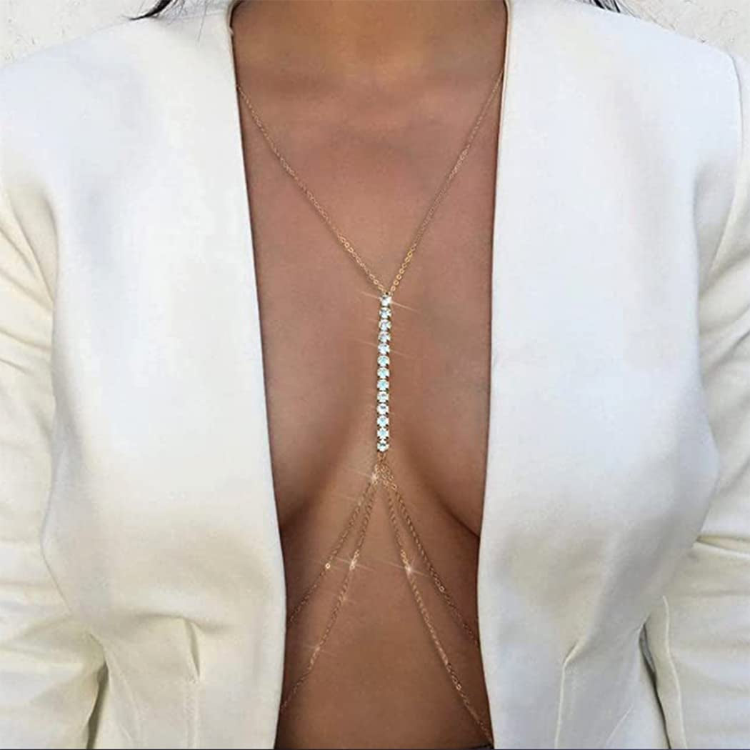 Bodiy Crystal Body Chains Bra Gold Rhinestones Chest Chain Bikini Rave Party Club Body Jewelry Sparkly Accessories for Women and Girls (Gold-3) Apparel & Accessories > Jewelry > Body Jewelry BODIY Gold-3  