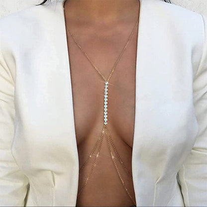 Bodiy Crystal Body Chains Bra Gold Rhinestones Chest Chain Bikini Rave Party Club Body Jewelry Sparkly Accessories for Women and Girls (Gold-3) Apparel & Accessories > Jewelry > Body Jewelry BODIY Gold-3  