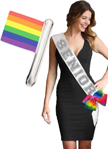 Senior Sash - Senior Night Party Decorations - Senior 2023 Party Sports Event Sash Cheer Dance Team Apparel & Accessories > Clothing Accessories > Sashes RhinestoneSash White Satin Senior (Rainbow Pride Bow & Balloon)  