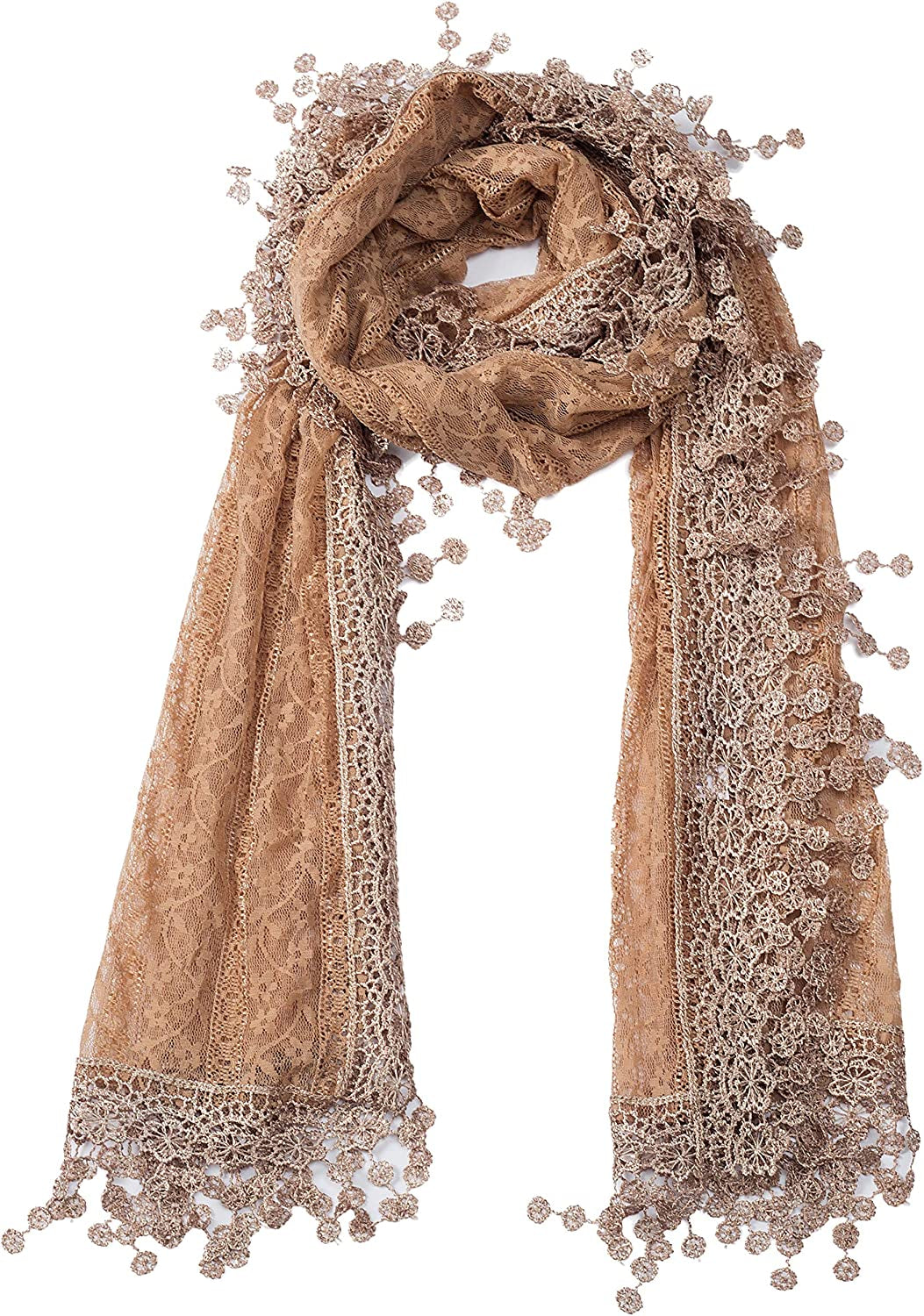 Women'S Lightweight Feminine Lace Teardrop Fringe Lace Scarf Vintage Scarf Mesh Crochet Tassel Cotton Scarf for Women Apparel & Accessories > Clothing Accessories > Scarves & Shawls Tan's Light Brown With Fringes  