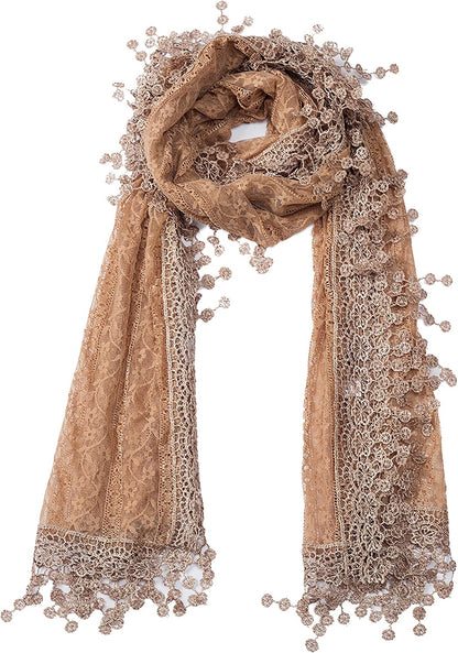 Women'S Lightweight Feminine Lace Teardrop Fringe Lace Scarf Vintage Scarf Mesh Crochet Tassel Cotton Scarf for Women Apparel & Accessories > Clothing Accessories > Scarves & Shawls Tan's Light Brown With Fringes  
