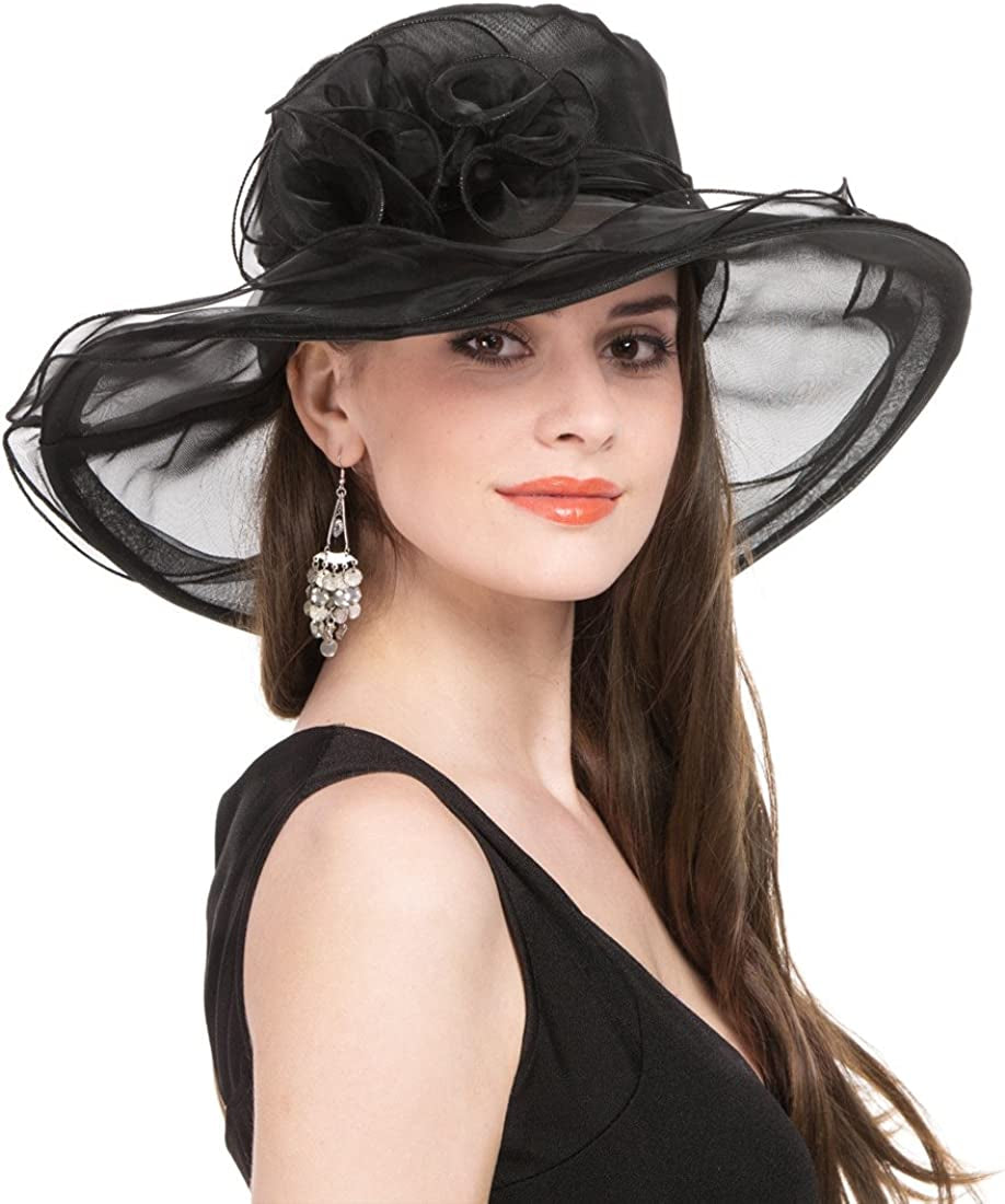Lucky Leaf Women Kentucky Derby Church Cap Wide Brim Summer Sun Hat for Party Wedding Apparel & Accessories > Clothing Accessories > Headwear Lucky Leaf Hat-new Black  