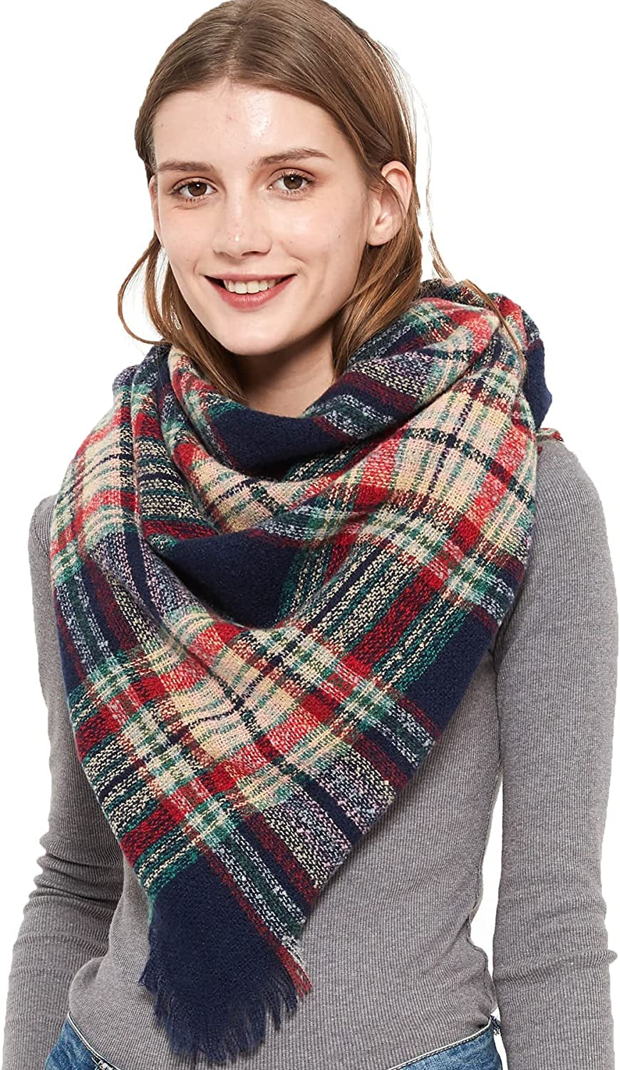 Plaid Scarf Soft Warm Tartan Shawl Cape Blanket Scarves Fashion Wrap Apparel & Accessories > Clothing Accessories > Scarves & Shawls vxsvxm Navy Green Beige  