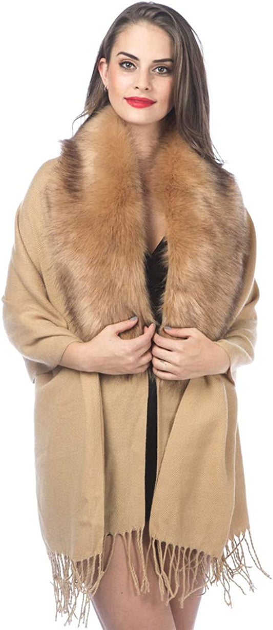 Women Cold Weather Luxurious Faux Fur Collar Joint Large Wrap Scarf for Ladies Apparel & Accessories > Clothing Accessories > Scarves & Shawls Lucky Leaf Wrap1-camel  