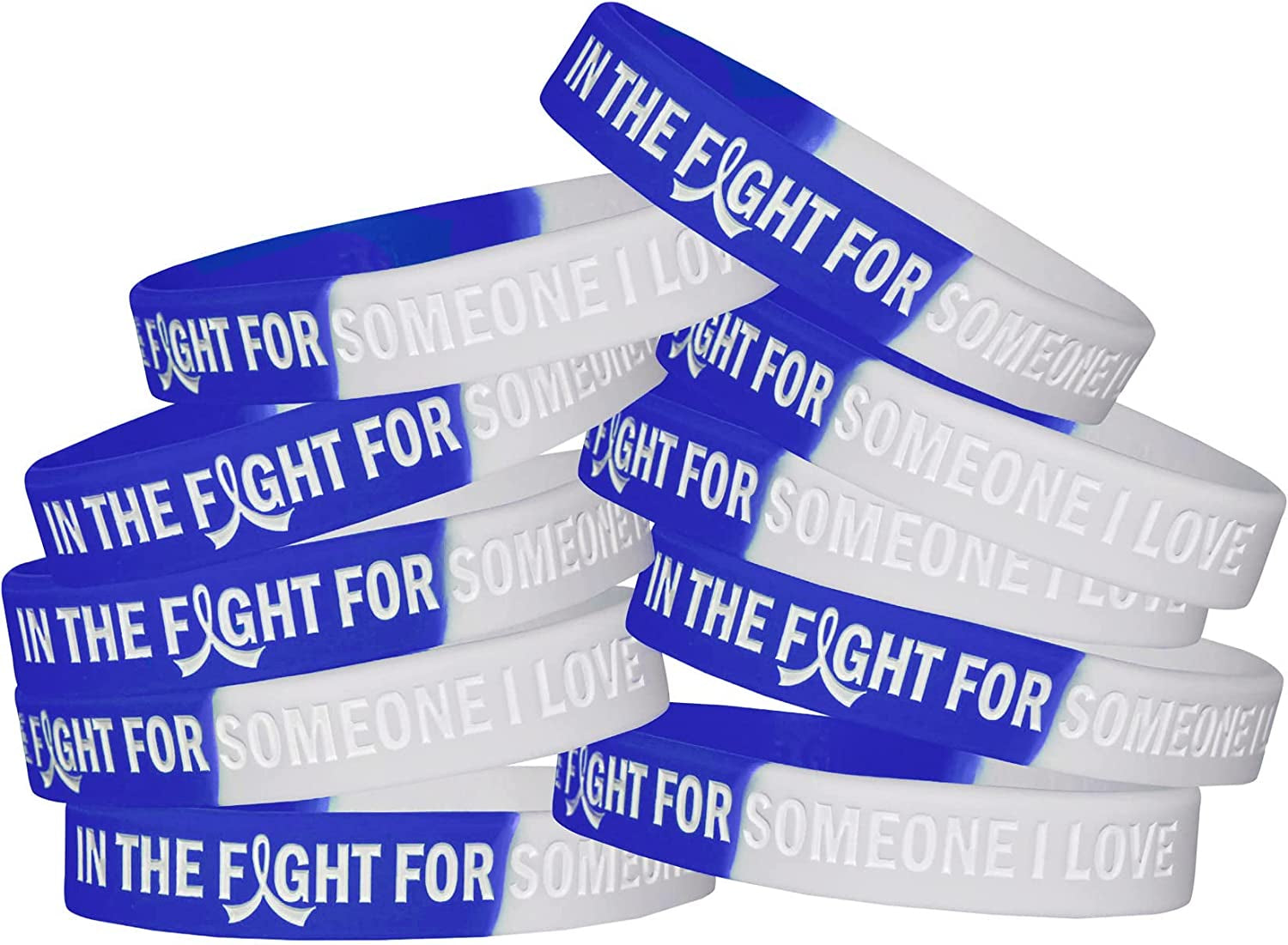 In the Fight for Someone I Love Silicone Wristband Bracelet Premium Quality 10-Pack (Assorted Colors) Apparel & Accessories > Jewelry > Bracelets Fight Like a Girl Blue, White  