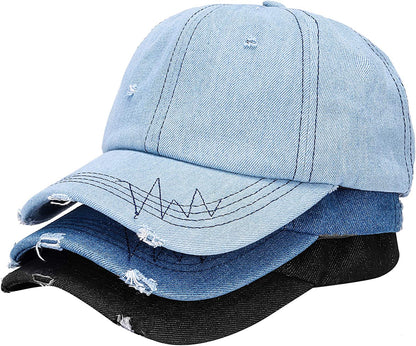 MEINICY 3 Pack Washed Plain Baseball Cap, Retro Adjustable Dad Hats Gift for Men/Women,Unstructured/Cotton Apparel & Accessories > Clothing Accessories > Hats MEINICY Distressed Denim Blue+dark+black  