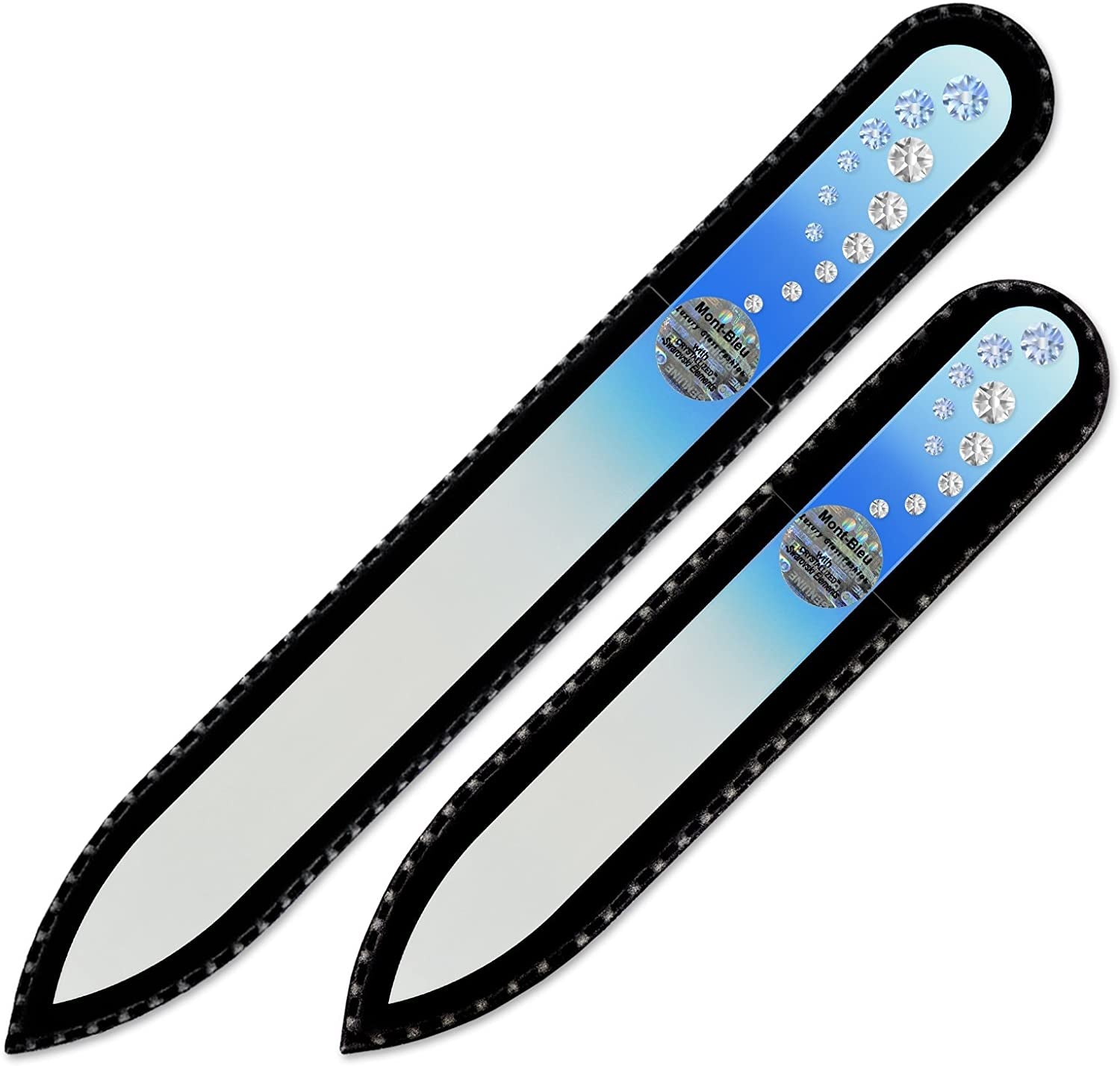 Washable Nail Files - Mont Bleu Set of 2 Glass Nail Files Hand Decorated with Crystals - Handmade Gifts for Women - Expertly Shape Nails & Enjoy a Smooth Finish - Nail Filing Tools Health & Beauty > Personal Care > Cosmetics > Cosmetic Tools > Nail Tools Mont Bleu Light Sapphire - Crystal  