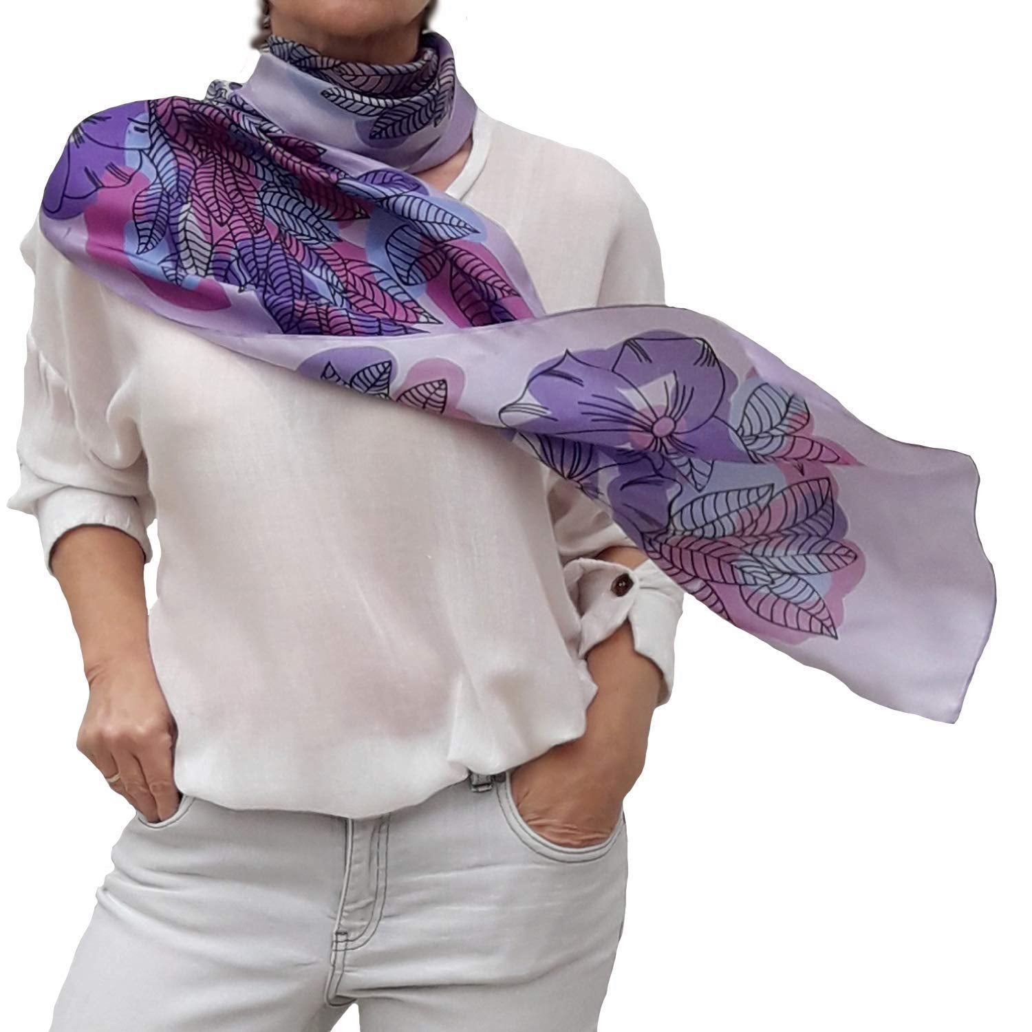 Artistic Hand Painted Long Silk Scarf for Women Fashion Boho Wrap Floral Patterns Trendy Purple Pink Neck Scarfs Unique Designer Shawl Womens Birthday Gift Mother Day Gift Handmade Gifts for Her Apparel & Accessories > Clothing Accessories > Scarves & Shawls Generic   