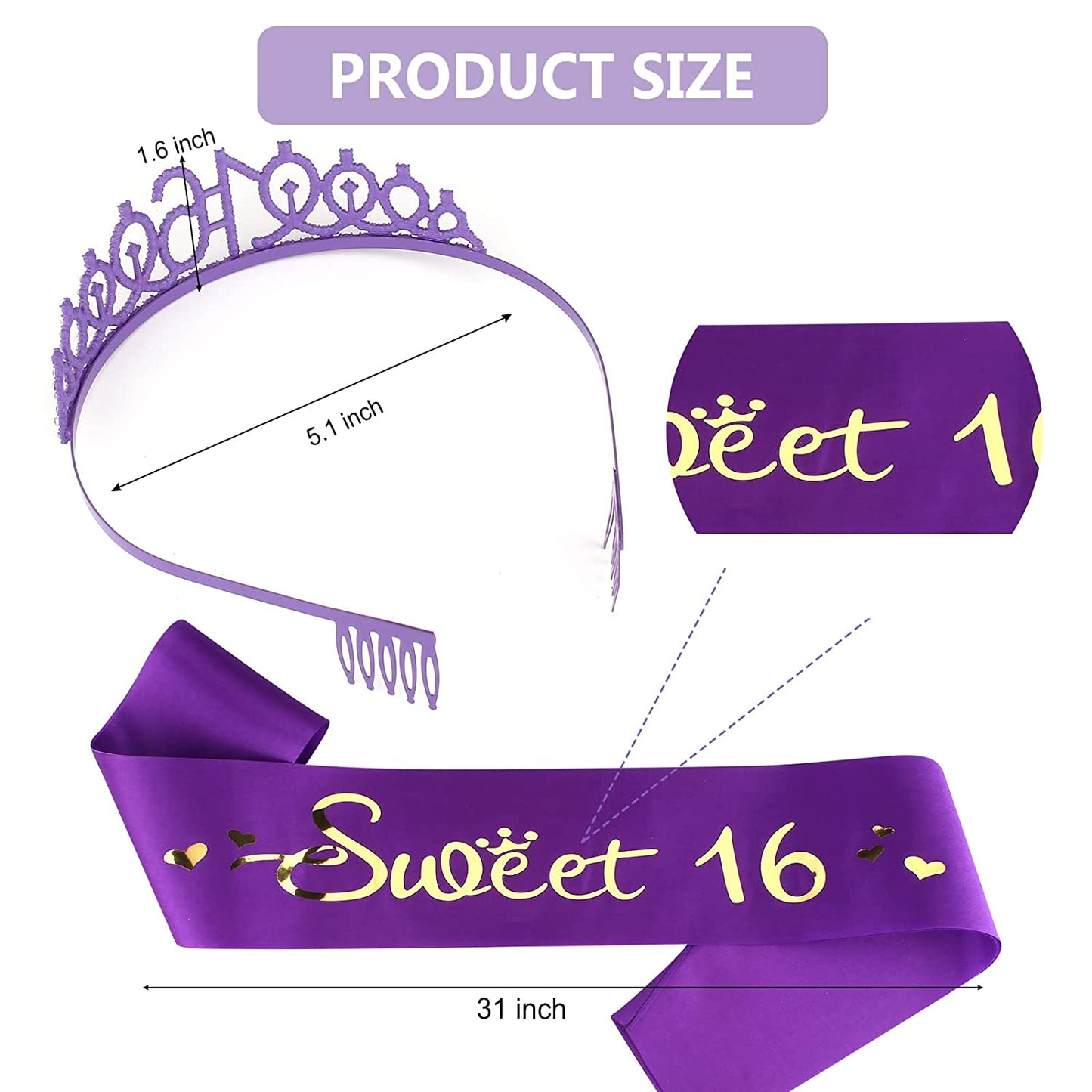 Sweet 16 Birthday Decorations Purple, 16Th Birthday Gifts for Girls, Sweet 16 Crown and Sash, 16Th Birthday Sash, Sweet 16 Sash and Tiara, Birthday Girl, Happy 16Th Birthday Party Supplies Cake Topper Apparel & Accessories > Clothing Accessories > Sashes CIEHER   