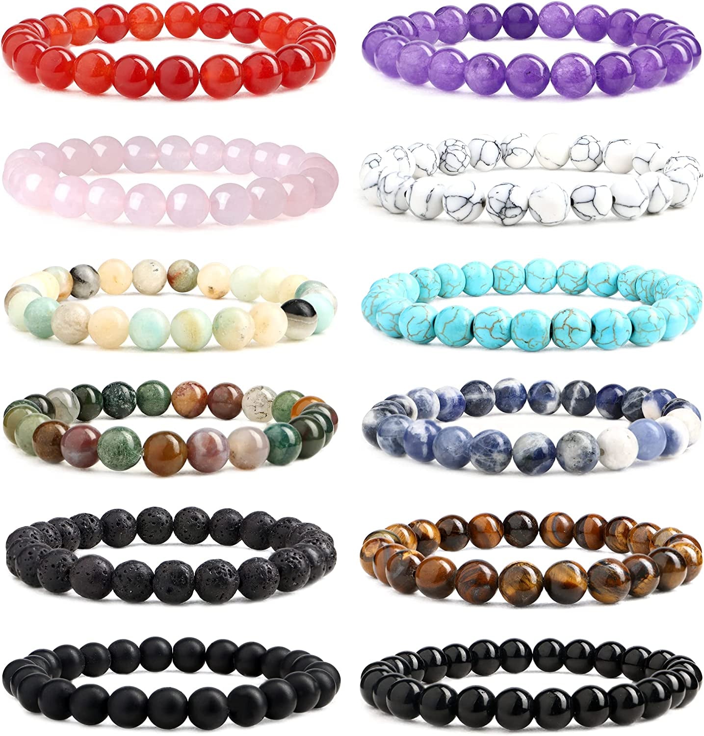 Jerywe 12 Pcs 8Mm Beaded Bracelets for Women Men Natural Stone Stackable Bracelet Charm Beaded Healing Crystal Stretch Bracelets Jewelry Apparel & Accessories > Jewelry > Bracelets JeryWe Style B  