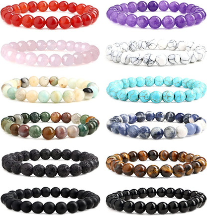 Jerywe 12 Pcs 8Mm Beaded Bracelets for Women Men Natural Stone Stackable Bracelet Charm Beaded Healing Crystal Stretch Bracelets Jewelry Apparel & Accessories > Jewelry > Bracelets JeryWe Style B  