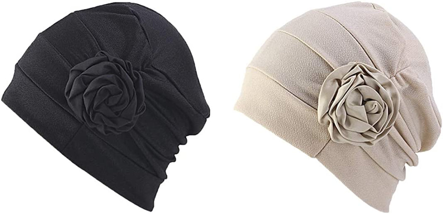 Chemo Headwear Turban Head Wrap Flower Beanie Scarf Cap Hair Loss Hat for Cancer Apparel & Accessories > Clothing Accessories > Headwear LUFUTE 1f-black+beige  