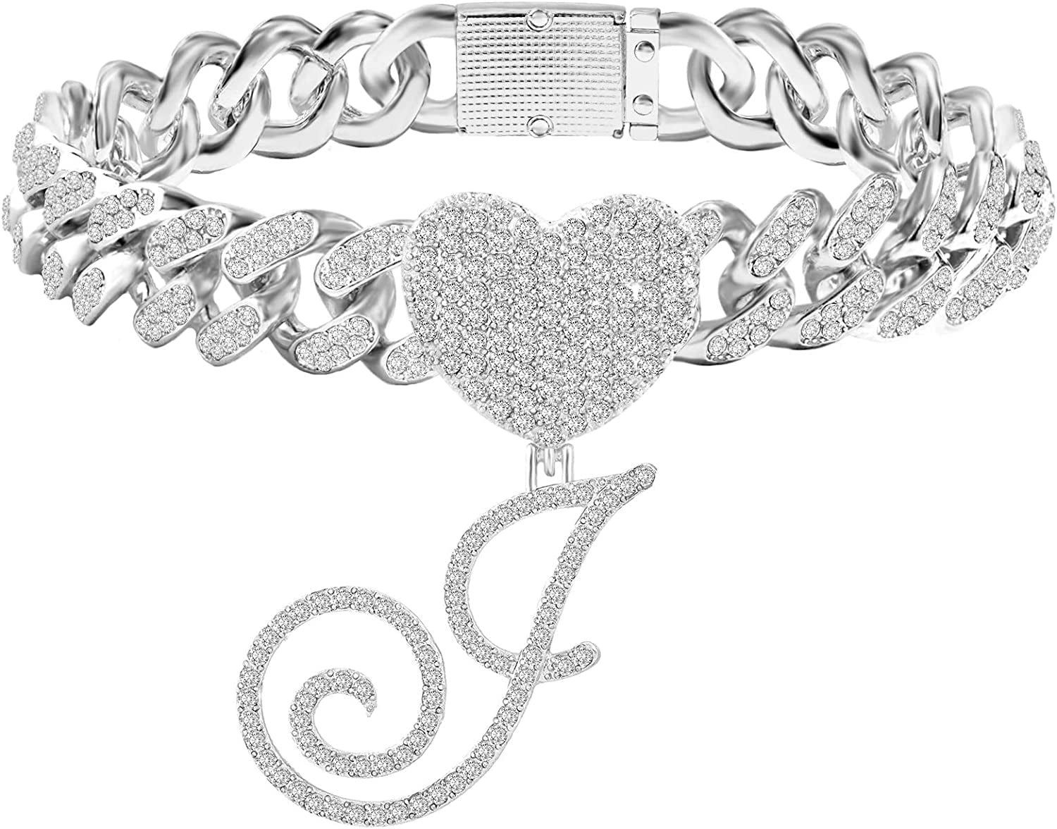 KKJTDS 13Mm Silver Cuban Link Anklets for Women Cursive Pendant Miami Cuban Link Chain Ankle Bracelets for Women Hip Hop Iced Out Letter Chain Anklet Apparel & Accessories > Jewelry > Anklets KKJTDS J  