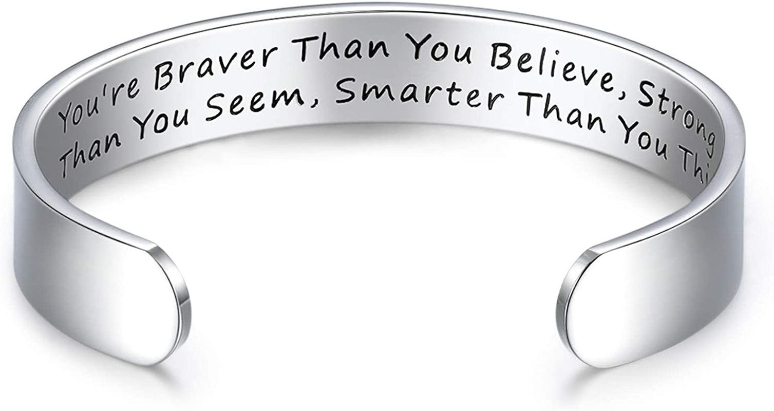 CERSLIMO Inspirational Gifts for Women Bracelet, Personalized Inspire Quotes Cuff Bangle Friendship Jewelry Graduation Encouragement Gift for Her Teen Girls Apparel & Accessories > Jewelry > Bracelets CERSLIMO You're Braver Than You Believed…  