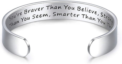 CERSLIMO Inspirational Gifts for Women Bracelet, Personalized Inspire Quotes Cuff Bangle Friendship Jewelry Graduation Encouragement Gift for Her Teen Girls Apparel & Accessories > Jewelry > Bracelets CERSLIMO You're Braver Than You Believed…  
