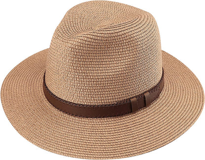DRESHOW Women Straw Panama Hat Fedora Beach Sun Hat Wide Brim Straw Roll up Hat UPF 50+ Apparel & Accessories > Clothing Accessories > Hats DRESHOW Straw Hat Belt Loop: Khaki  