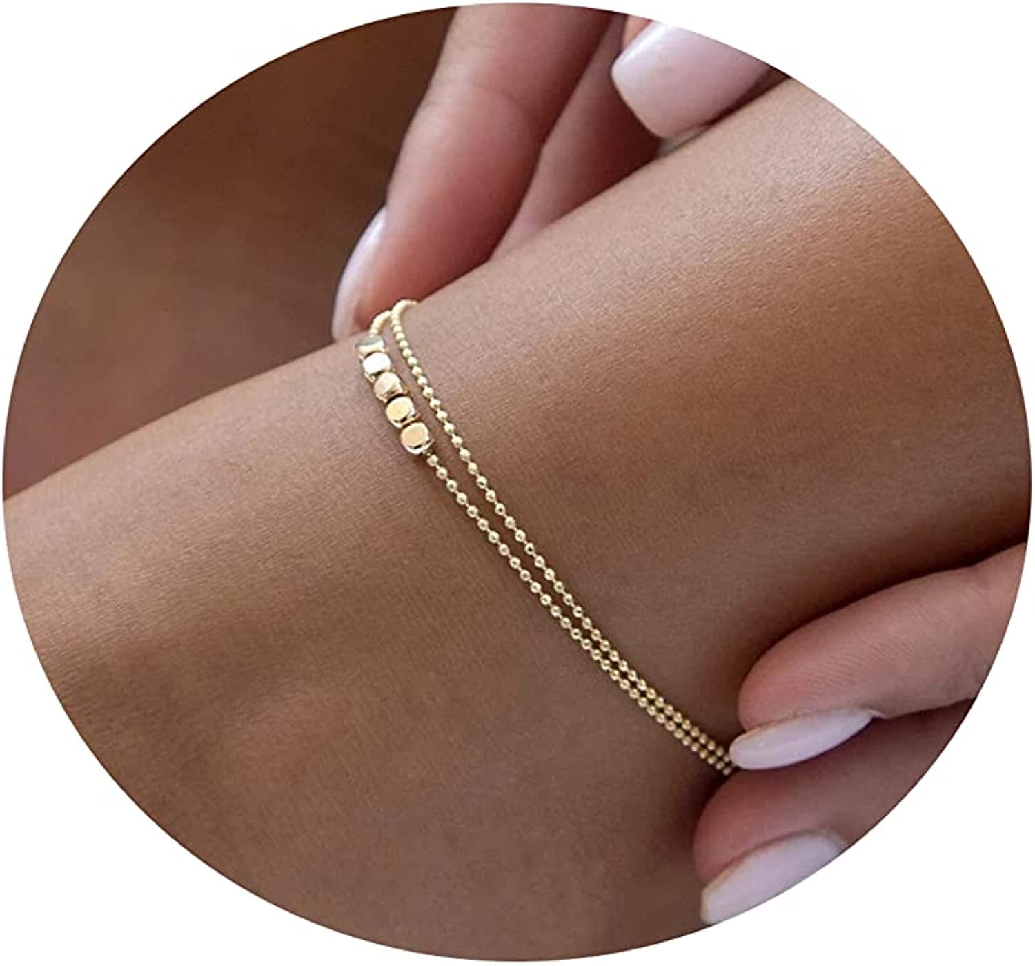 Tasiso 14K Gold Plated Layered Satellite Beads Heart Anklets Layering Rhinestone Cubic Zirconia Ankle Bracelets for Women Minimalist Summer Beach Foot Chain Ankle Jewelry Gifts Apparel & Accessories > Jewelry > Anklets Tasiso 2 Layered 5 Dots+Beaded-Gold  