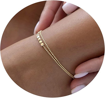 Tasiso 14K Gold Plated Layered Satellite Beads Heart Anklets Layering Rhinestone Cubic Zirconia Ankle Bracelets for Women Minimalist Summer Beach Foot Chain Ankle Jewelry Gifts Apparel & Accessories > Jewelry > Anklets Tasiso 2 Layered 5 Dots+Beaded-Gold  
