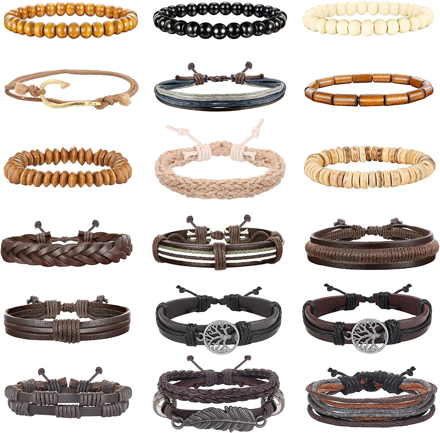 Hanpabum 18Pcs Braided Leather Bracelets for Men Women Woven Cuff Wrap Bracelet Wood Beads Ethnic Tribal Bracelets Adjustable Apparel & Accessories > Jewelry > Bracelets HANPABUM B  