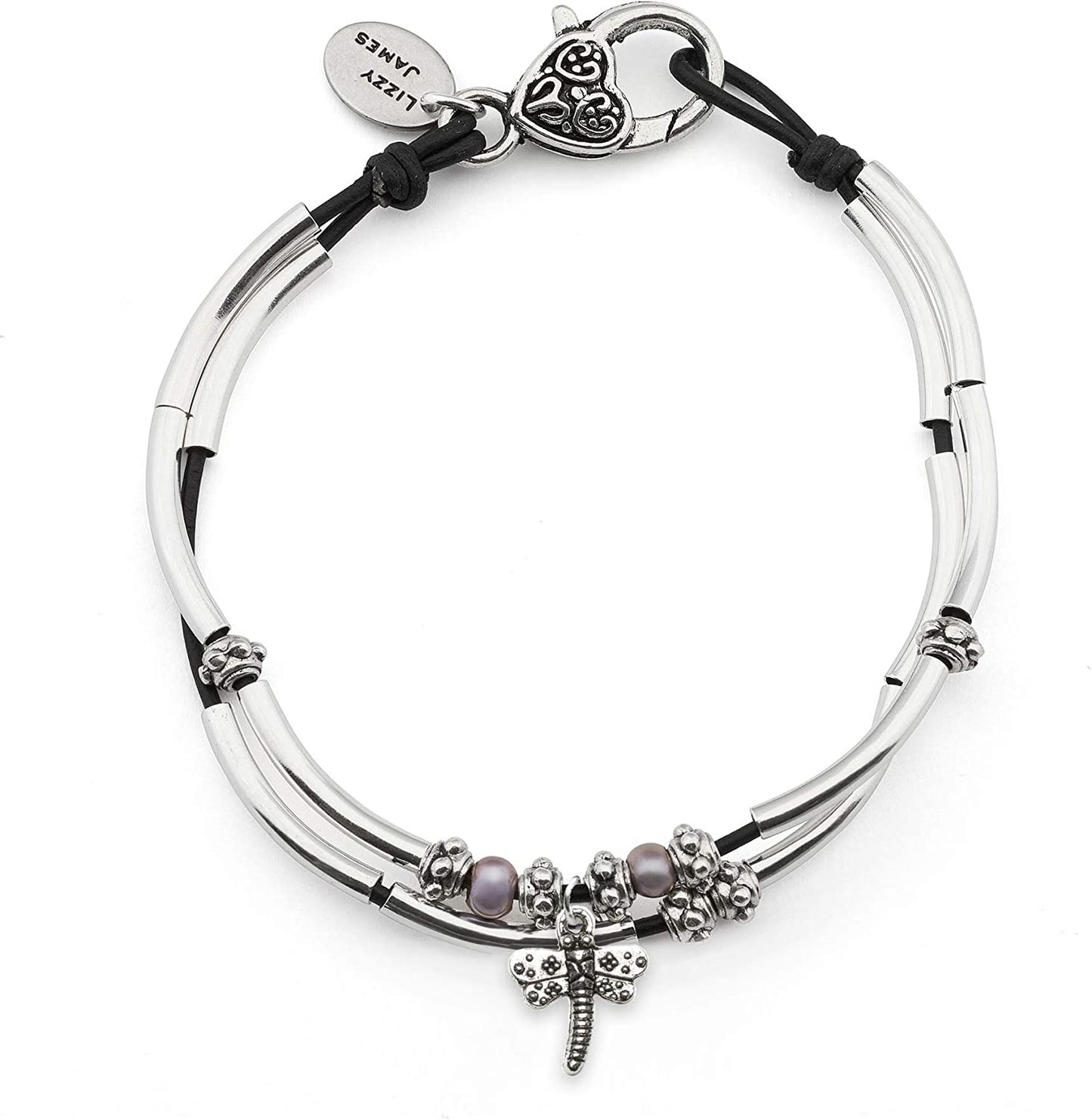 Lizzy James Lucy Anklet Bracelets for Women in Natural Black Leather Silver Plate Crescents Apparel & Accessories > Jewelry > Anklets Lizzy James Silver Dragonfly Charm 12 INCH 
