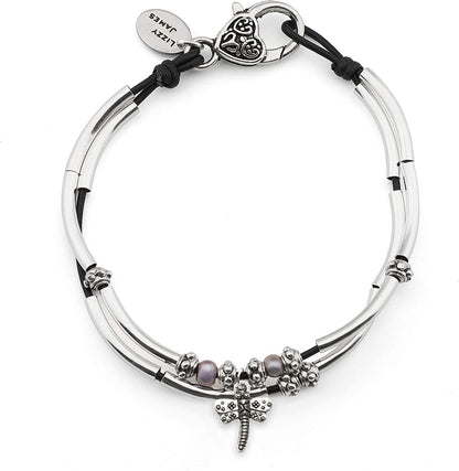 Lizzy James Lucy Anklet Bracelets for Women in Natural Black Leather Silver Plate Crescents Apparel & Accessories > Jewelry > Anklets Lizzy James Silver Dragonfly Charm 12 INCH 