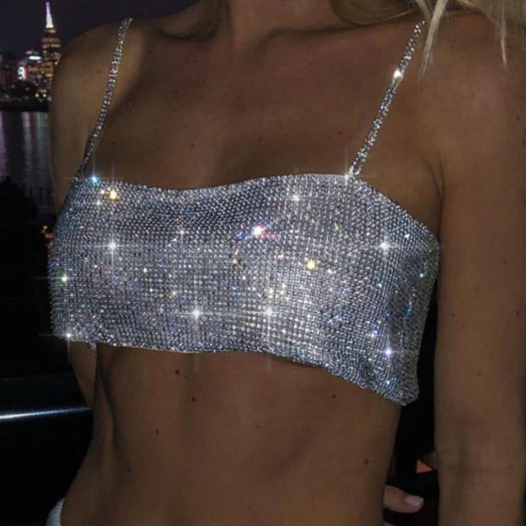 Jeweky Rhinestone Crop Top Sparkly Body Chain Silver Bra Chain Backless Chest Chains Rave Party Body Jewelry Accessories for Women Apparel & Accessories > Jewelry > Body Jewelry JEWEKY   