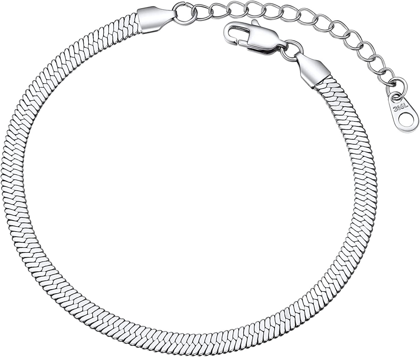 FOCALOOK 18K Gold Plated Flat Snake Chain Link Dainty Ankle Bracelets for Women, Boho Summer Beach Anklet Adjustable Foot Jewelry (4 Colors) Apparel & Accessories > Jewelry > Anklets FOCALOOK JEWELRY C:5mm Steel  