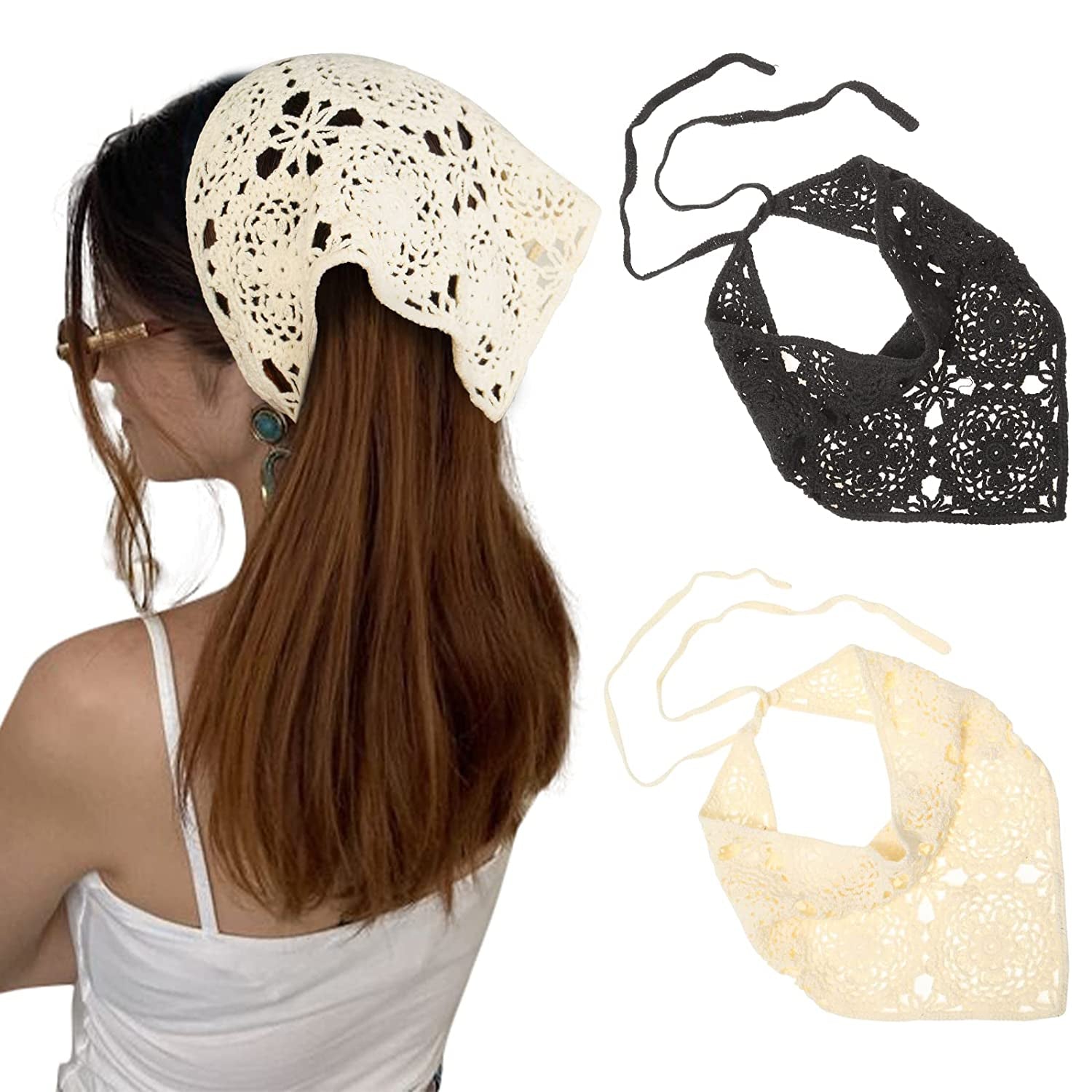 Crochet Bandana Head Kerchief Hair Scarf 2Pcs Knitted Hair Scarves Crochet Hair Kerchief Tie Bcak Headwrap Floral Hair Bandanas for Women Girls Scarf (Daisy(Purple+Green)) Apparel & Accessories > Clothing Accessories > Bandanas & Headties AWAYTR (Black+white)  