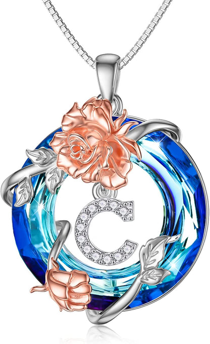 TOUPOP Christmas Gifts for Women 925 Sterling Silver Rose Necklaces A-Z Initial Letter Rose Flower Pendant Necklace with Circle Crystal Jewelry Birthday Valentine'S Day Gifts for Women Her Mom Wife Girlfriend Girls Apparel & Accessories > Jewelry > Necklaces TOUPOP C  