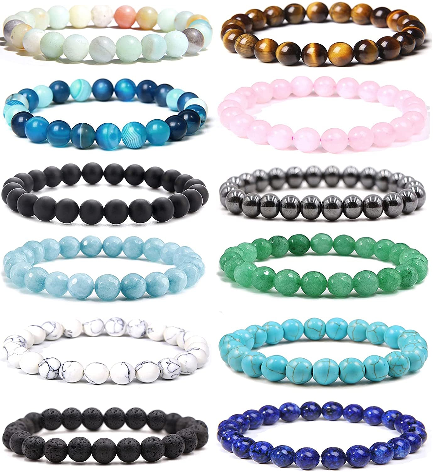 Jewdreamer 12Pcs Healing Stone Beaded Bracelets for Women Men Semi-Precious Gemstones Bracelets Crystal Beaded Bracelet Unisex Adjustable Stretch Bracelets 8MM Apparel & Accessories > Jewelry > Bracelets Jewdreamer   