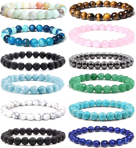 Jewdreamer 12Pcs Healing Stone Beaded Bracelets for Women Men Semi-Precious Gemstones Bracelets Crystal Beaded Bracelet Unisex Adjustable Stretch Bracelets 8MM Apparel & Accessories > Jewelry > Bracelets Jewdreamer   