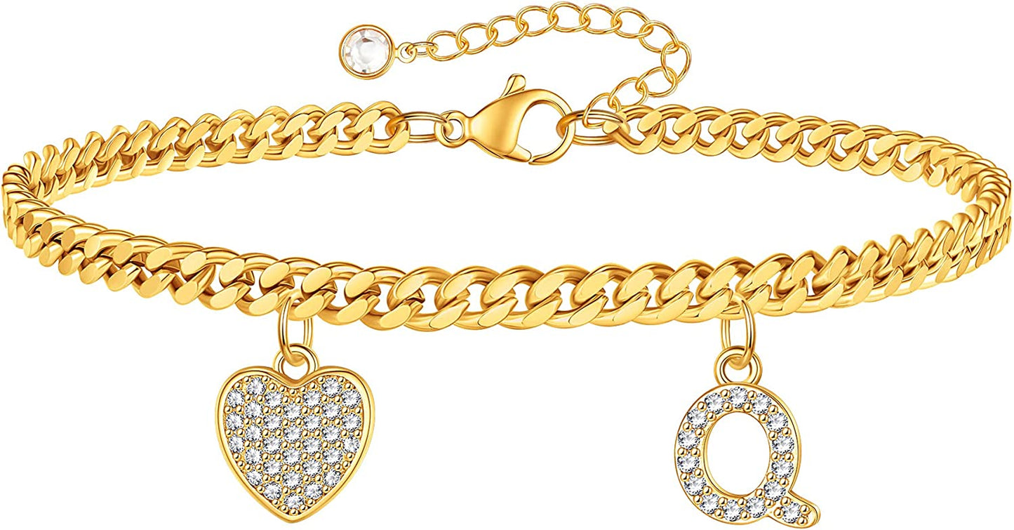 Gold Heart Ankle Bracelets for Women 14K Gold Plated Initial Charm Gold Anklets for Women Cuban Link Chain Heart Anklet Bracelets for Women Apparel & Accessories > Jewelry > Anklets BRIJEWLIC Q  