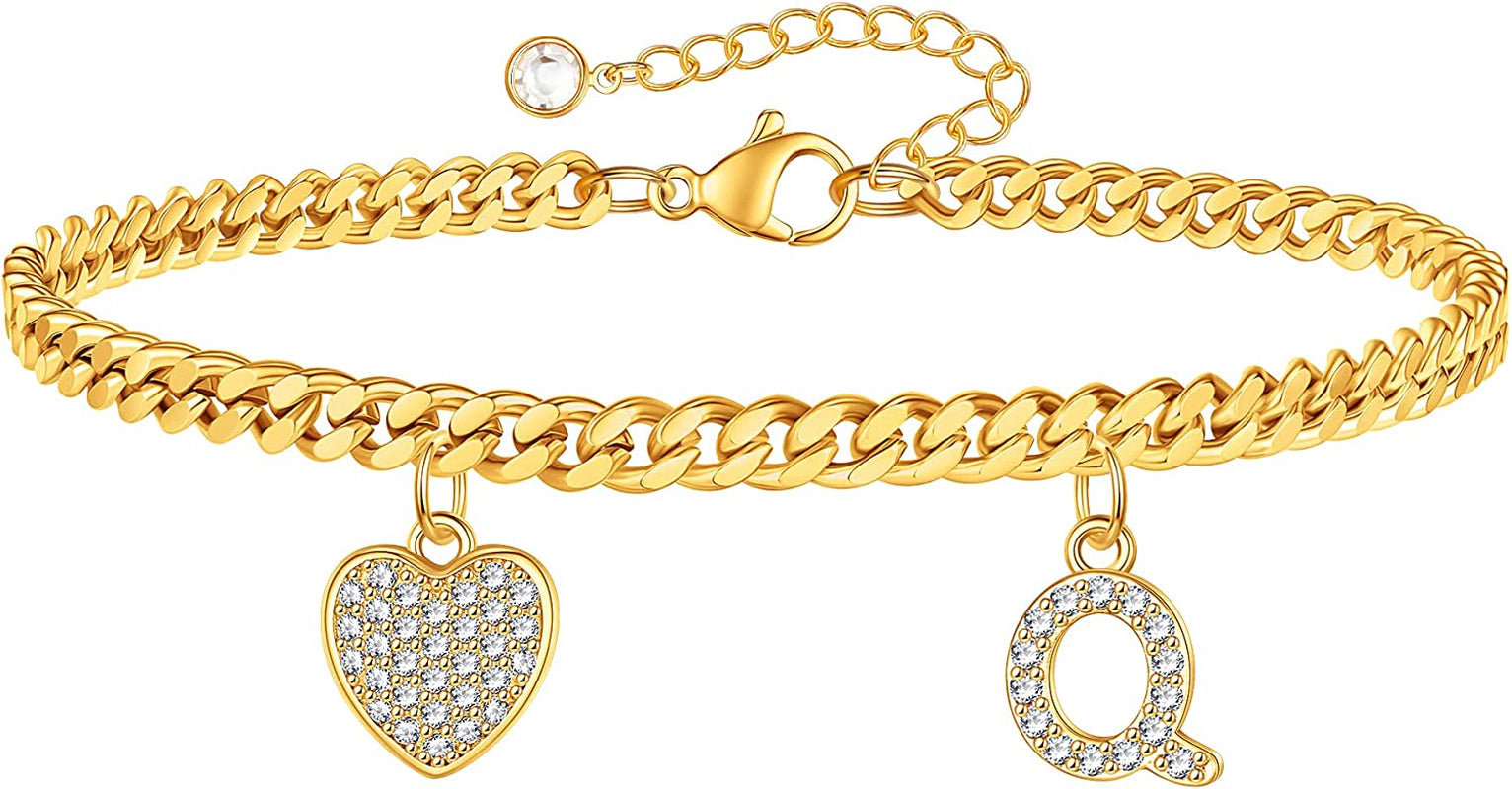 Gold Heart Ankle Bracelets for Women 14K Gold Plated Initial Charm Gold Anklets for Women Cuban Link Chain Heart Anklet Bracelets for Women Apparel & Accessories > Jewelry > Anklets BRIJEWLIC Q  