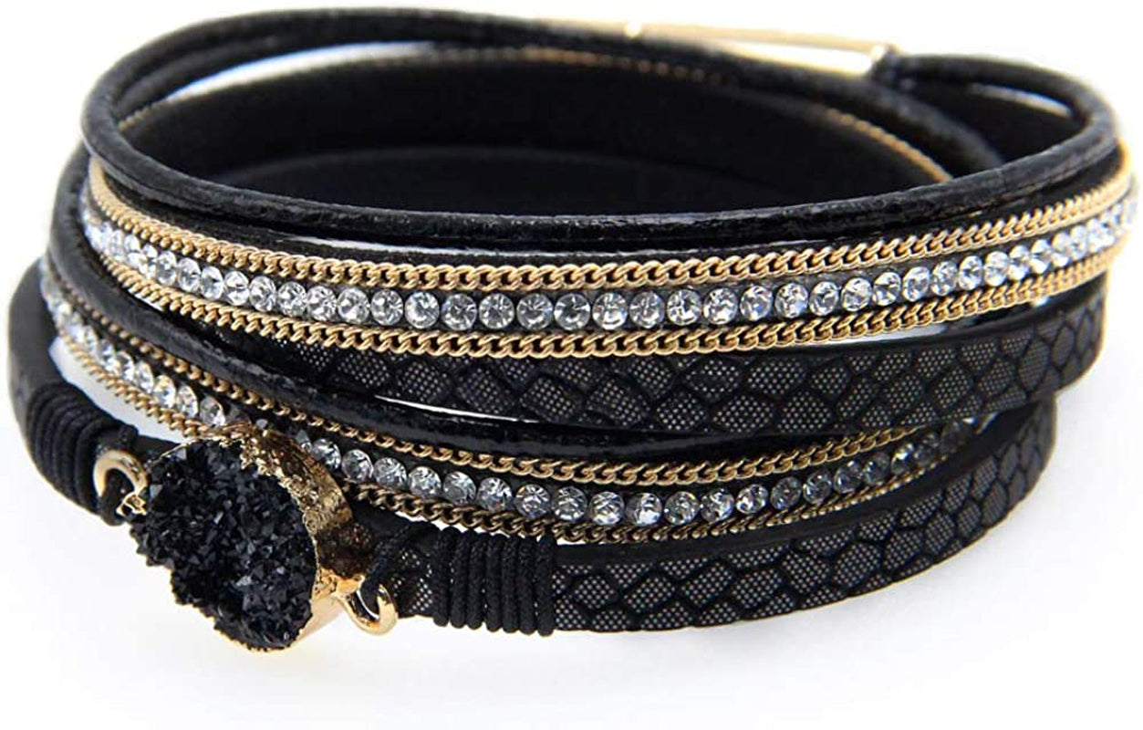 Fesciory Leather Wrap Bracelet for Women, Leopard Multi-Layer Magnetic Buckle Cuff Bracelet Jewelry Apparel & Accessories > Jewelry > Bracelets Fesciory B12-Black Stone1  