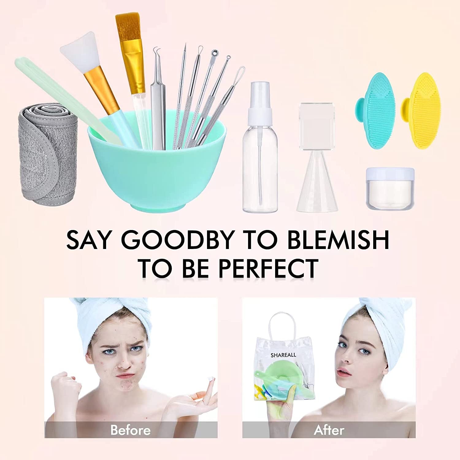 SHAREALL Face Mask Mixing Bowl Set with Silicone Facial Mask Bowl Mask Brush Cleanser Brush Spatula Headband Spray Bottle Pimple Popper Tool Kit Face Mask Applicator for Clay Mask & Jelly Mask 16PCS Health & Beauty > Personal Care > Cosmetics > Cosmetic Tools > Skin Care Tools SHAREALL   