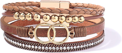FANCY SHINY Boho Wrap Bracelets Leather Cuff Bangle Gold Beaded Bracelets for Women Stackable Infinity Bracelets Jewelry with Clasp Apparel & Accessories > Jewelry > Bracelets FANCY SHINY Brown  