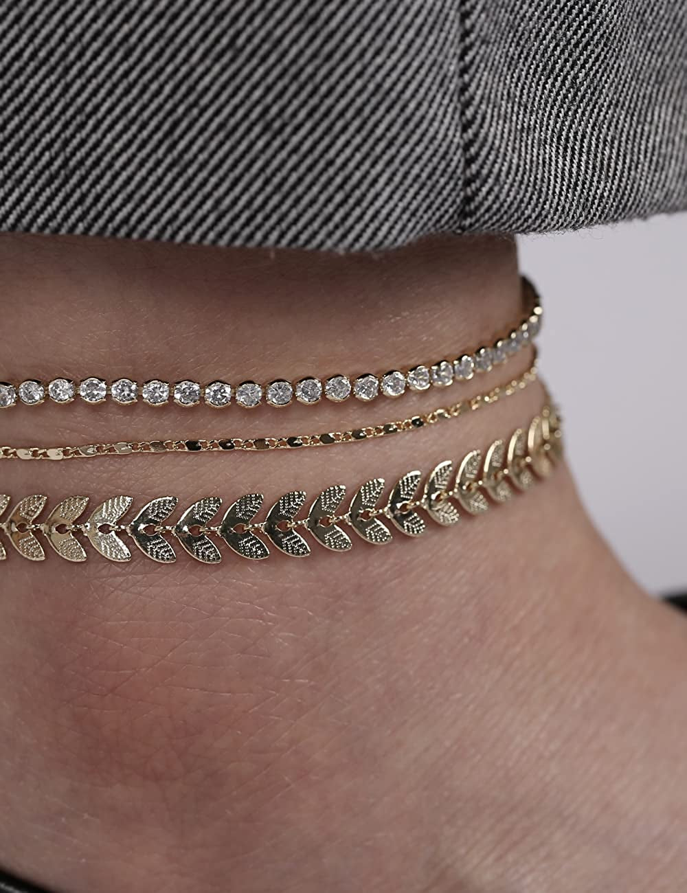 Gold Ankle Bracelets for Women 14K Gold Plated Anklet Silver Tennis Rose Quartz Cross Bead Herringbone Snake Paperclip Chain Cubic Zirconia Dainty Layered Anklet Set 3Pcs Apparel & Accessories > Jewelry > Anklets WeSparking   