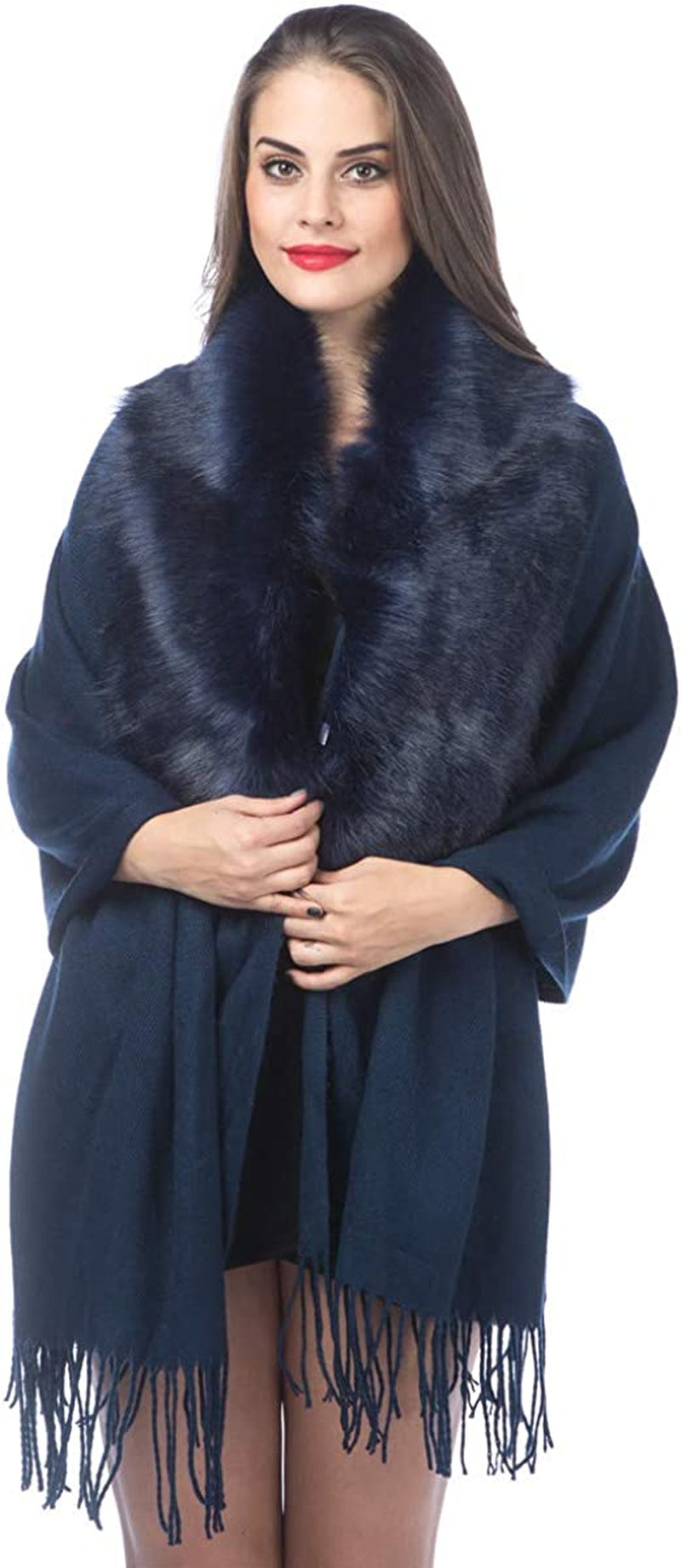 Women Cold Weather Luxurious Faux Fur Collar Joint Large Wrap Scarf for Ladies Apparel & Accessories > Clothing Accessories > Scarves & Shawls Lucky Leaf Wrap1-navy  