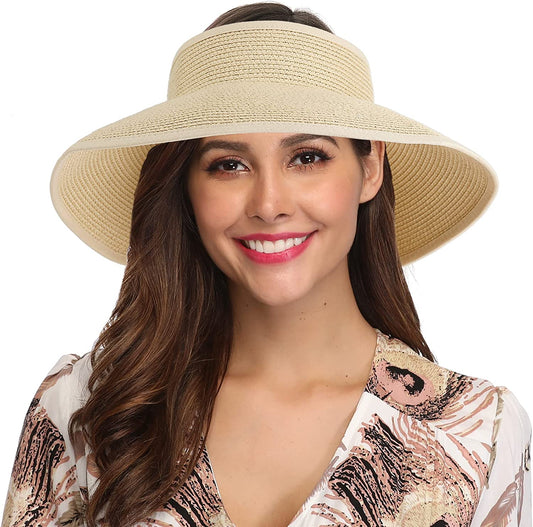 Lanzom Women Packable Hat Sun Visor Hats Wide Brim Straw Roll up Ponytail Summer Beach Hat UPF 50 Apparel & Accessories > Clothing Accessories > Hats Lanzom Beige One Size 