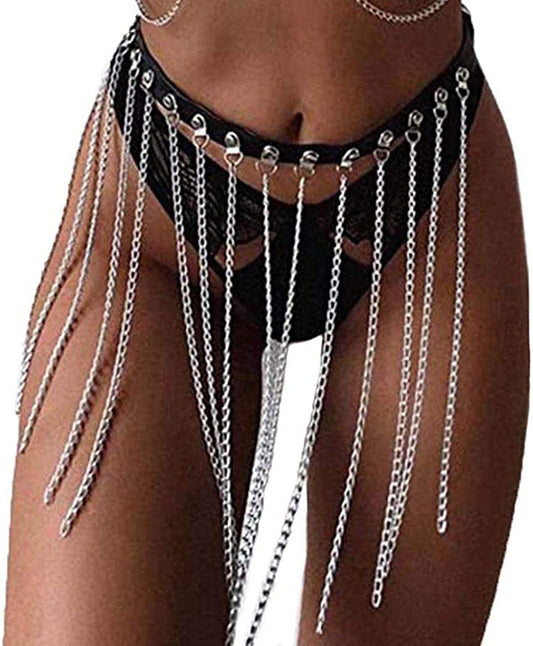 Twinklede Punk Leather Body Chain Silver Tassel Waist Chains Rave Party Belly Chain Nightclub Body Jewelry for Women and Girls Apparel & Accessories > Jewelry > Body Jewelry Twinklede   